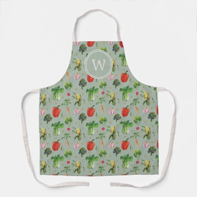 Watercolor Organic Vegetables Monogram Apron (Front)