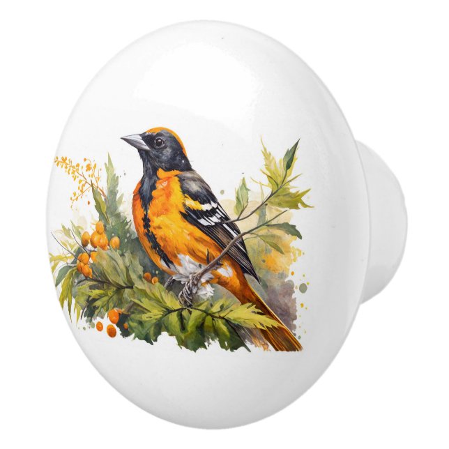 Watercolor Oriole On Branch and Berries Ceramic Knob (Right)