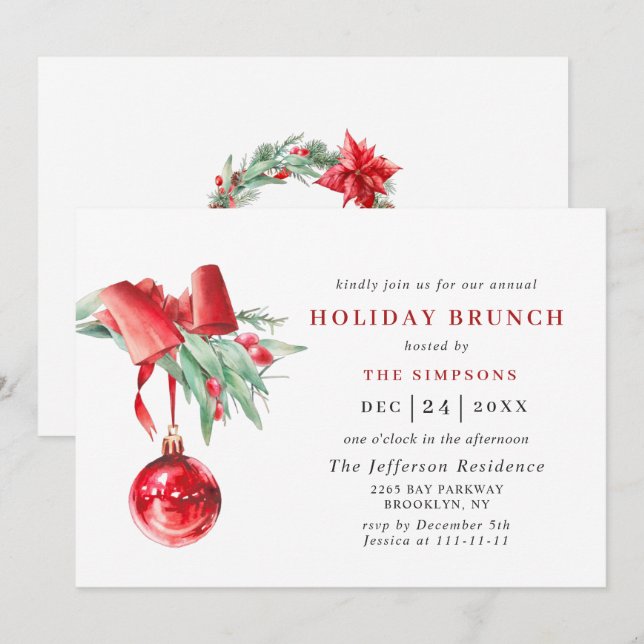 Watercolor Ornament CHRISTMAS HOLIDAY BRUNCH Invitation (Front/Back)