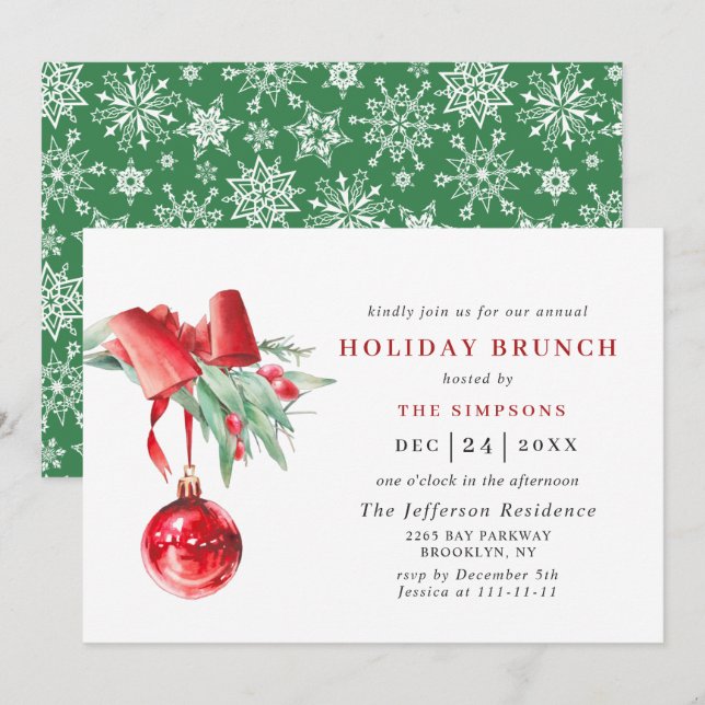 Watercolor Ornament CHRISTMAS HOLIDAY BRUNCH Invitation (Front/Back)
