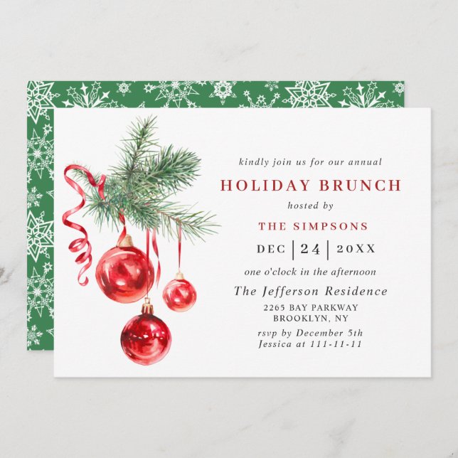 Watercolor Ornament CHRISTMAS HOLIDAY BRUNCH Invitation (Front/Back)