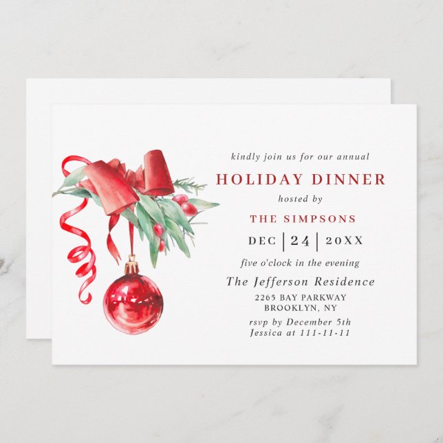 Watercolor Ornament CHRISTMAS HOLIDAY DINNER Invitation (Front/Back)