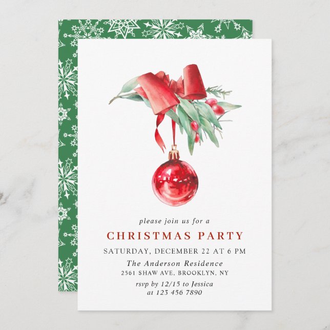 Watercolor Ornament Christmas Holiday Party Invitation (Front/Back)