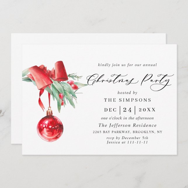 Watercolor Ornament Christmas Holiday Party Invitation (Front/Back)