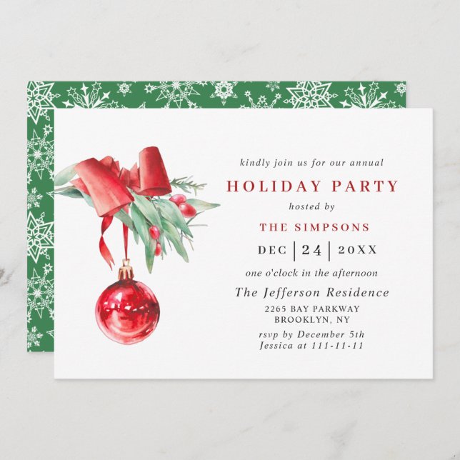 Watercolor Ornament Christmas Holiday Party Invitation (Front/Back)