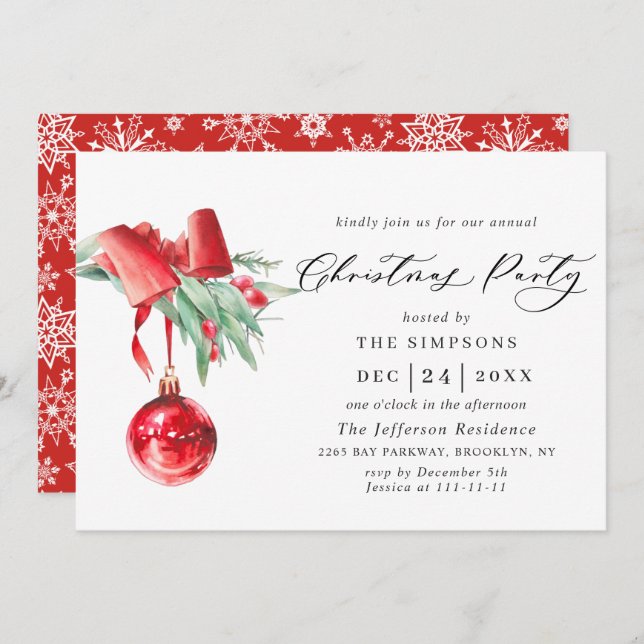 Watercolor Ornament Christmas Holiday Party Invitation (Front/Back)