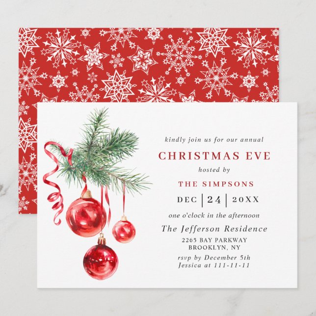 Watercolor Ornament Holiday CHRISTMAS EVE Invitation (Front/Back)