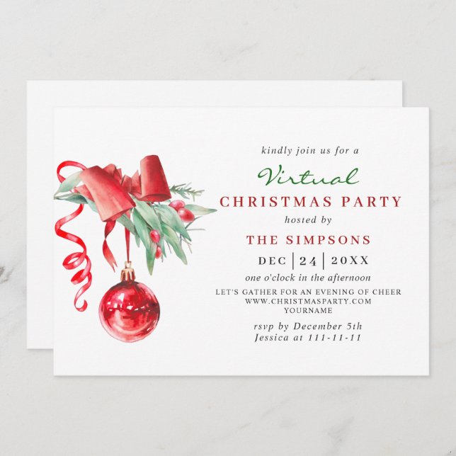 Watercolor Ornament VIRTUAL Christmas Party Invitation (Front/Back)