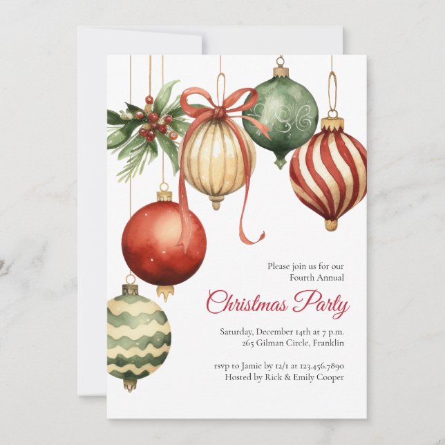 Watercolor Ornaments Holiday Christmas Party Invitation (Front)