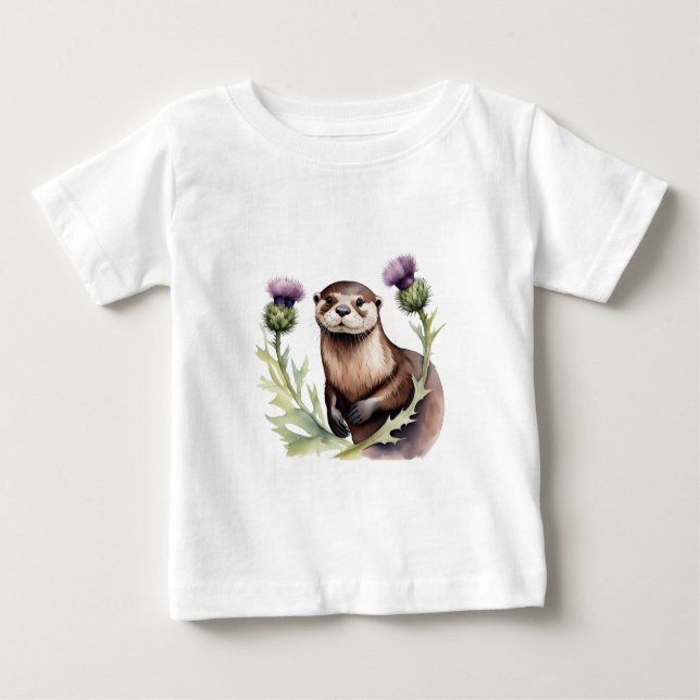 Watercolor Otter and Thistles Baby T-Shirt (Front)