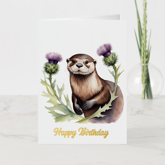 Watercolor Otter and Thistles Birthday Foil Greeting Card (Front)