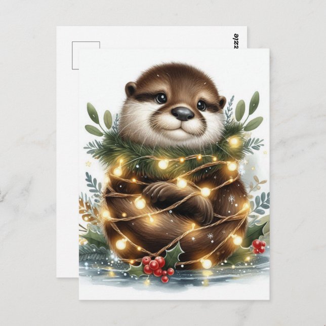 Watercolor Otter Christmas Lights Postcard (Front/Back)