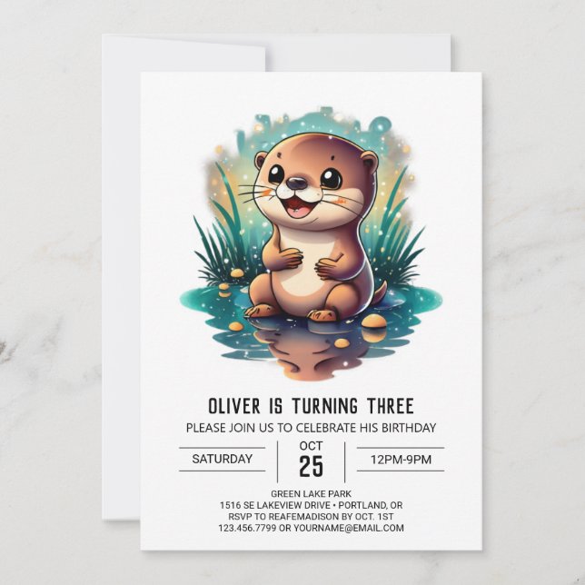 Watercolor Otter Fantasy Birthday Invitation (Front)