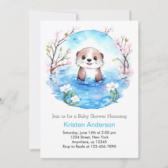 Watercolor Otter Whimsical Boy Baby Shower Invitation (Front)