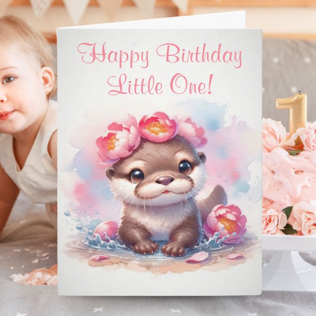 Watercolor Otter With Peonies Birthday Card (Adorable Otter wearing peonies on her head wishing someone a special Happy Birthday.)