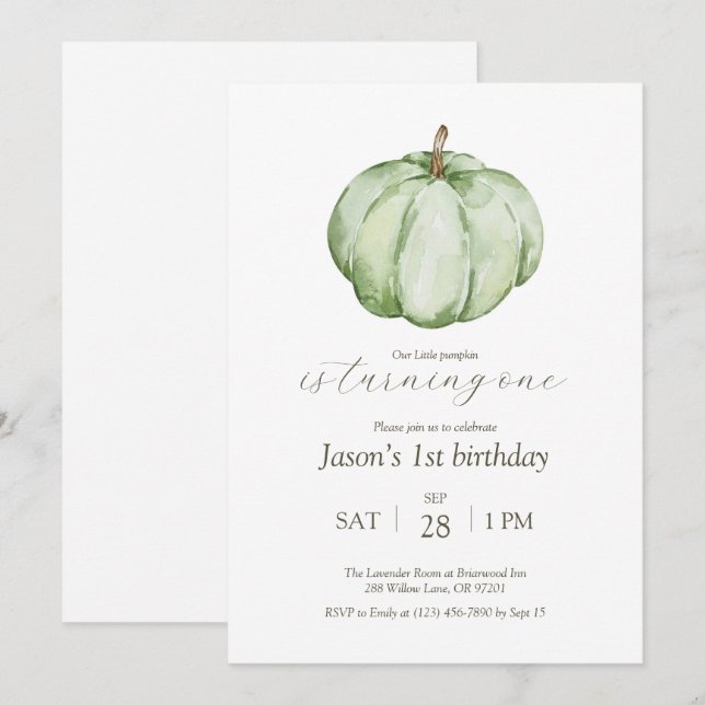 Watercolor Our Little Pumpkin Birthday Invitation (Front/Back)