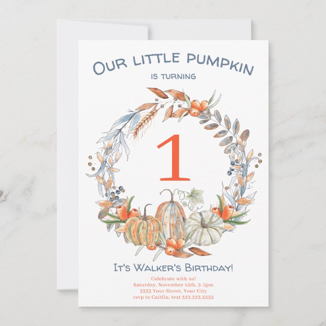 Watercolor Our Little Pumpkin Blue First Birthday  Invitation (Front)