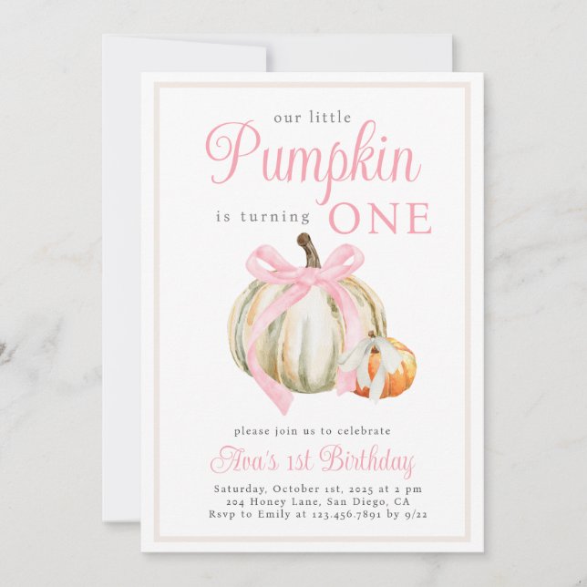 Watercolor Our Little Pumpkin Ribbon Bow  Invitation (Front)