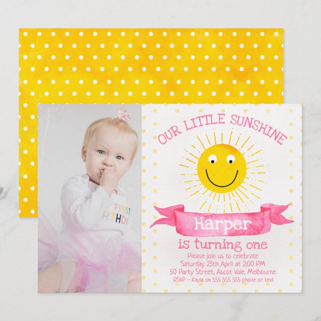 Watercolor Our Little Sunshine Birthday Invitation (Front/Back)