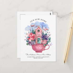 Watercolor Our New Home Pink Tea Cup Floral  Postcard