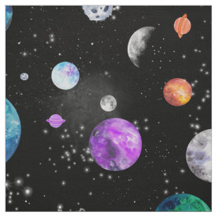 Watercolor Outer Space Planets Galaxy Fabric