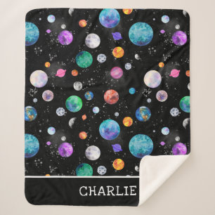 Watercolor Outer Space Planets Personalised Galaxy Sherpa Blanket