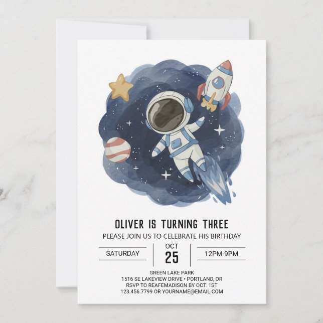 Watercolor Outerspace Digital Astronaut Birthday Invitation (Front)