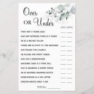 Watercolor Over or Under Bridal shower game card