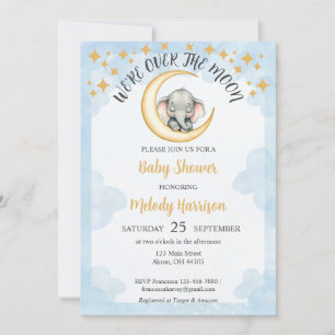 Watercolor Over the Moon Elephant Baby Shower  Invitation