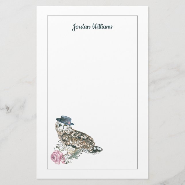 Watercolor Owl | Add Your Name Stationery (Front)