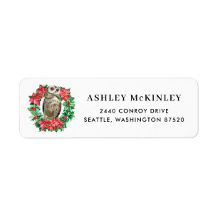Watercolor Owl and Poinsettia Holly Wreath Holiday Return Address Label