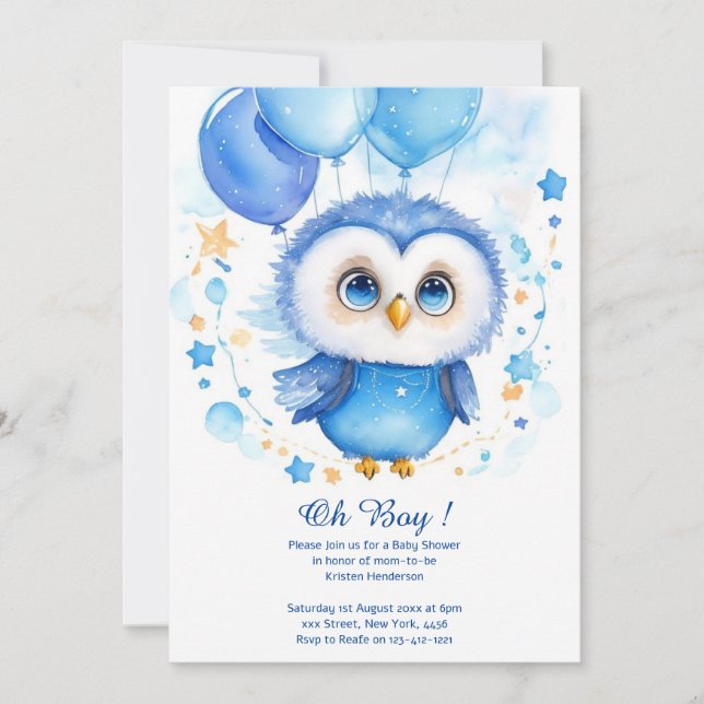 Watercolor Owl Boy Baby Shower Invitation (Front)