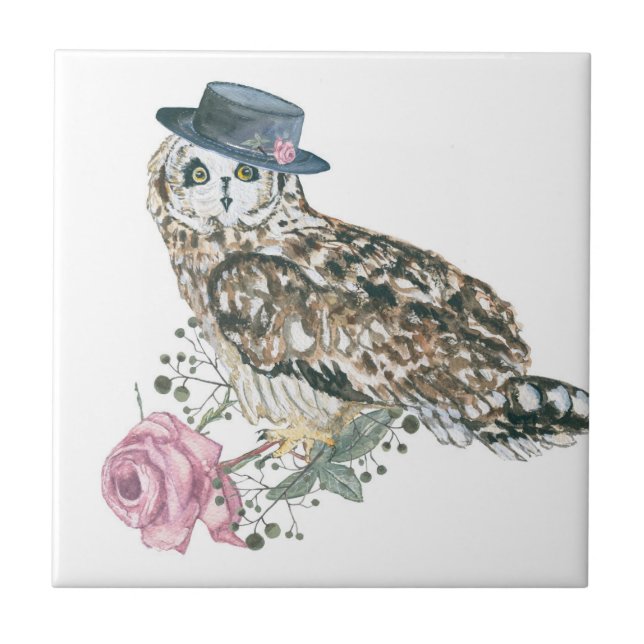 Watercolor Owl Ceramic Tile (Front)