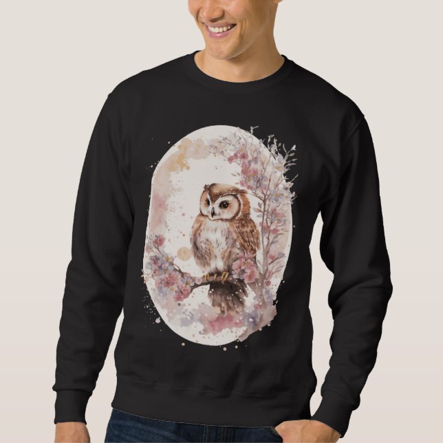 Watercolor Owl Cherry Blossom Japanese Sakura Sweatshirt (Front)