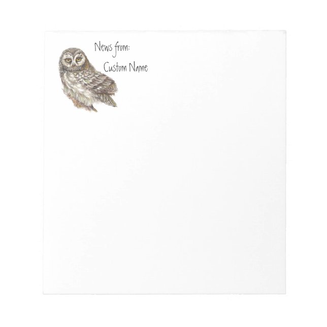 Watercolor Owl, Custom Name Bird, Nature Notepad (Front)