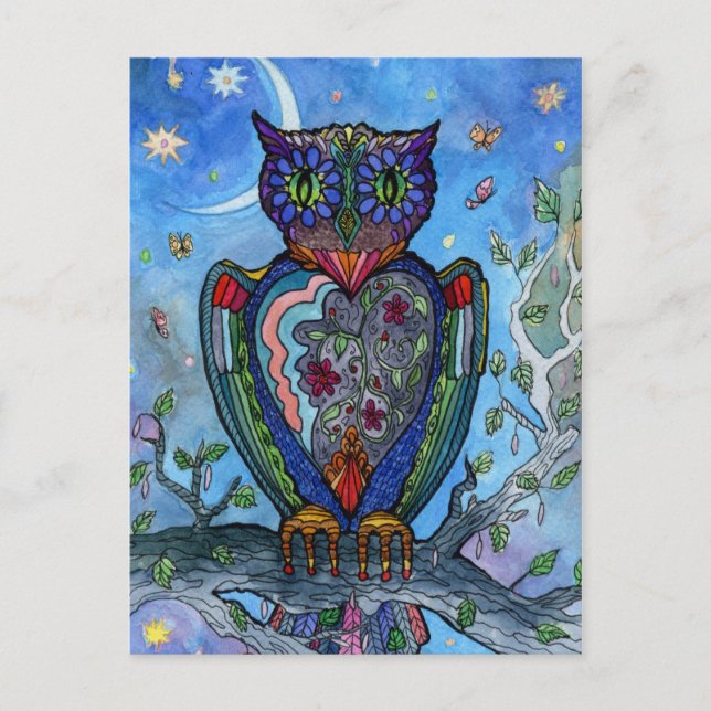 Watercolor Owl fantasy illustration. Fairytale Postcard (Front)