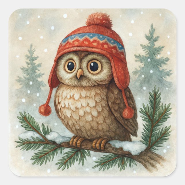 Watercolor Owl In a Winter Cap Square Sticker (Front)
