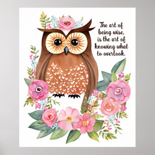Watercolor Owl in Garden With Pretty Flowers Poster