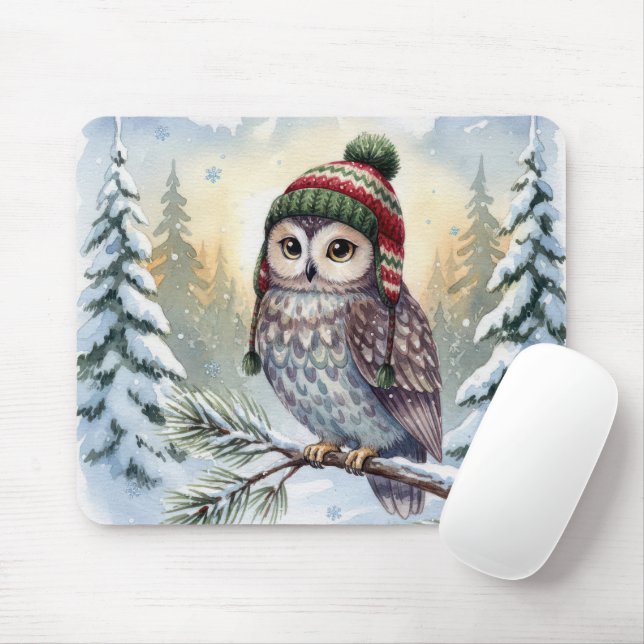 Watercolor Owl In Winter Hat Mouse Pad (With Mouse)