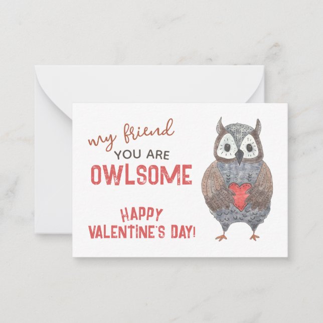 Watercolor Owl Pun Classroom Valentine Card (Front)