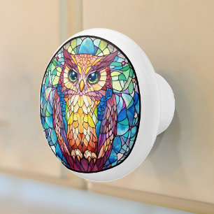 Watercolor Owl Stained Glass Ceramic Knob