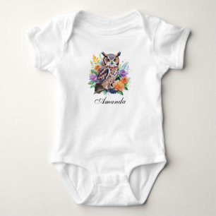 Watercolor Owl with Colourful Flowers Baby Bodysuit