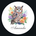 Watercolor Owl with Colourful Flowers Classic Round Sticker<br><div class="desc">An owl surrounded by watercolor florals,  emphasizing its serene presence.</div>