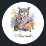 Watercolor Owl with Colourful Flowers Classic Round Sticker<br><div class="desc">An owl surrounded by watercolor florals,  emphasizing its serene presence.</div>