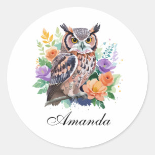 Watercolor Owl with Colourful Flowers Classic Round Sticker