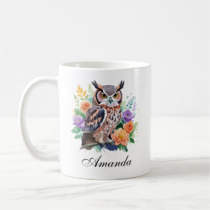 Watercolor Owl with Colourful Flowers Coffee Mug
