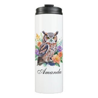 Watercolor Owl with Colourful Flowers Thermal Tumbler
