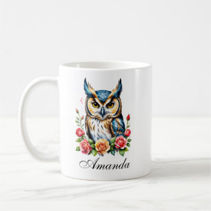 Watercolor Owl with Flowers Girly Coffee Mug
