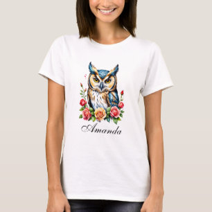 Watercolor Owl with Flowers Girly T-Shirt