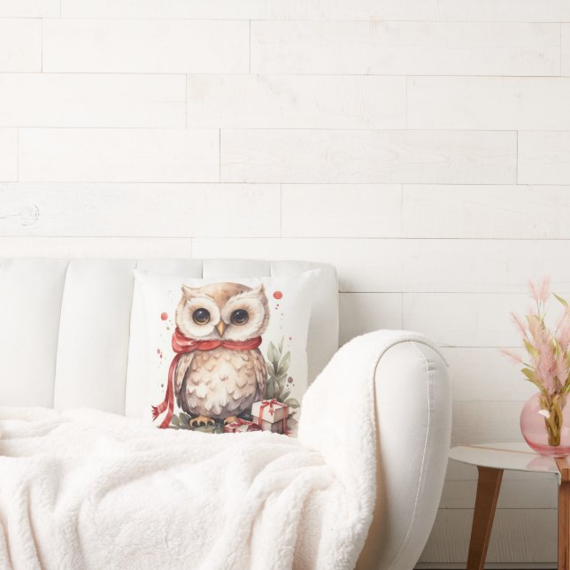 Watercolor Owl With Holiday Gifts Cushion (Couch)